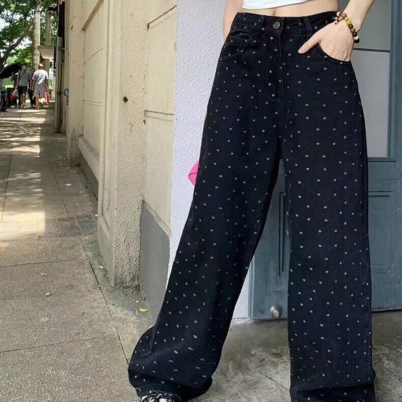 复古波点印花黑色高腰牛仔裤女早秋新款宽松显瘦阔腿直筒长裤子