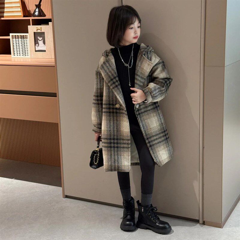 女童秋冬款格子加厚毛呢大衣2024新款女孩韩版中长款连帽呢子外套