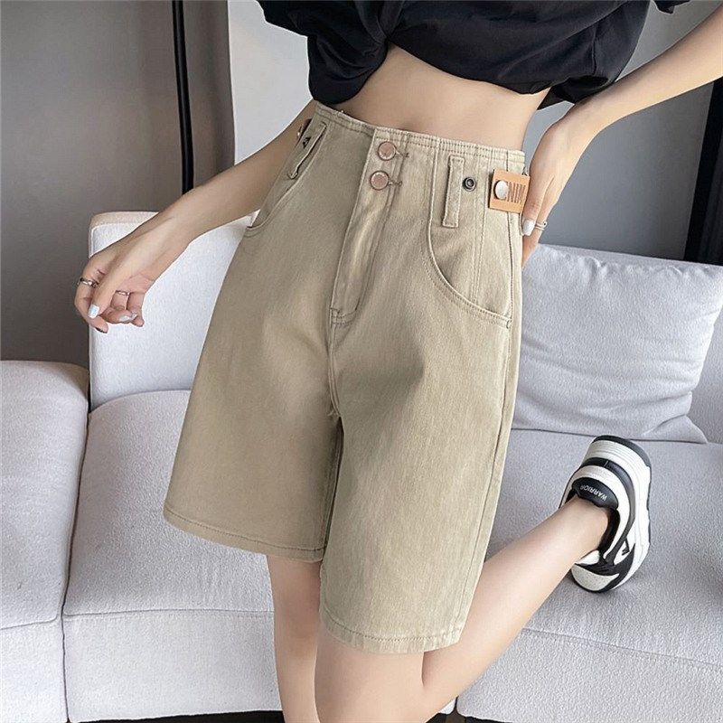 卡其色五分牛仔裤女春秋冬季2025新款高腰阔腿直筒短裤宽松5分裤