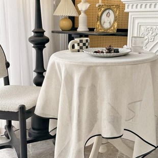 奶油色中古轻法式极简黑色包边桌布日式复古原木风高级感茶几台布