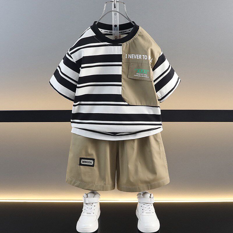 男童短袖条纹T恤套装夏季2025新款儿童帅气时髦潮流小童短裤夏装