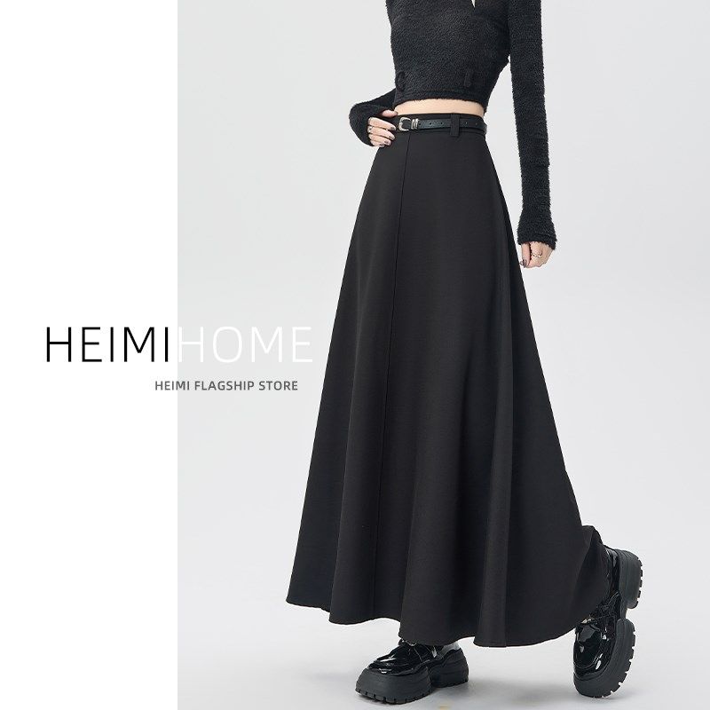 黑色a字半身裙女春夏秋高腰垂感中长款大摆伞裙高级感西装百褶裙