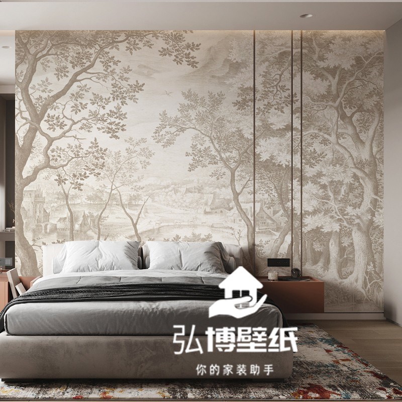 法式风情手绘林中小屋壁纸客厅卧室沙发背景复古墙布电视背景壁画