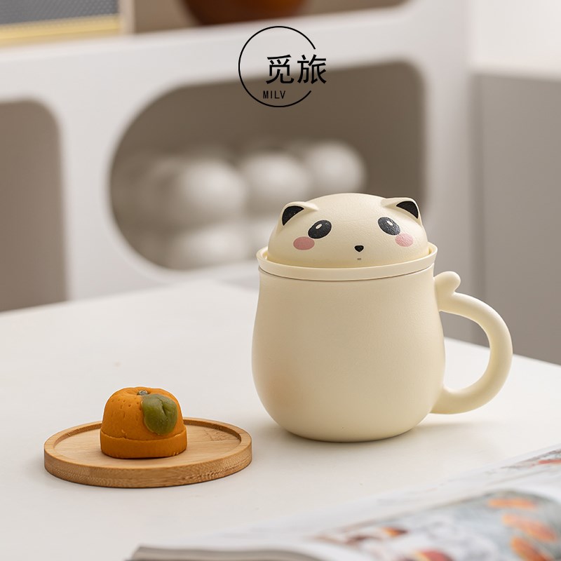 米黄卡通猫咪陶瓷茶水分离泡茶杯子办公室个人水杯带盖过滤情侣杯