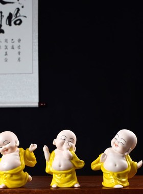 精品陶瓷弥勒创意摆件禅意小和尚茶桌面茶道装饰园艺W花盆造景饰