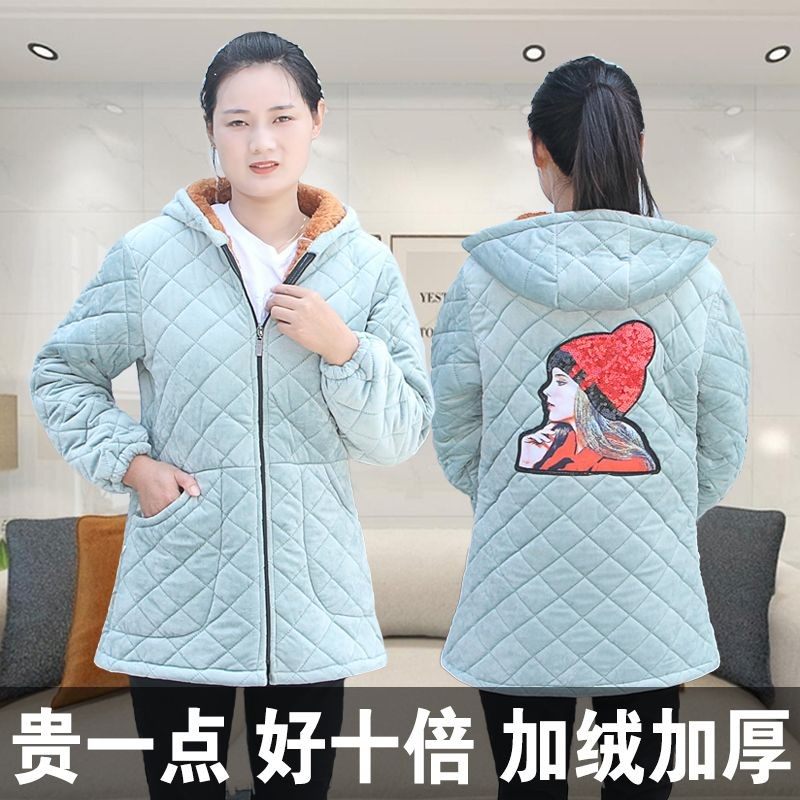 冬季女罩衣加厚保暖羽绒服外套修身中长款三层加绒厨房棉围裙长袖