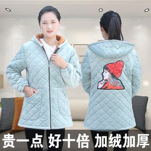 冬季女罩衣加厚保暖羽绒服外套修身中长款三层加绒厨房棉围裙长袖