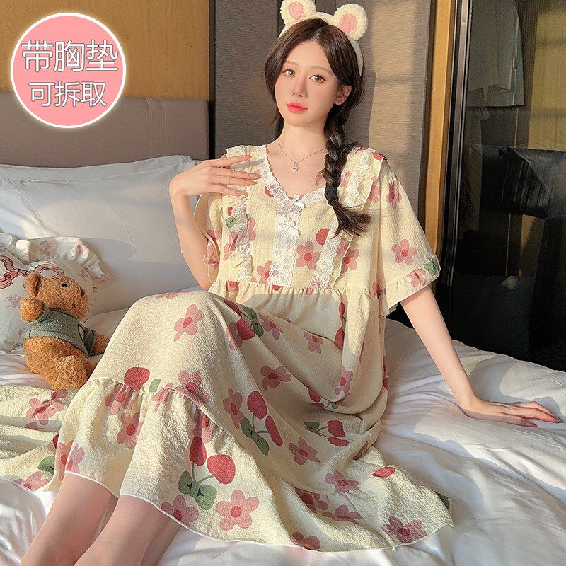 夏季带胸垫睡裙女士特大码200斤甜美公主风睡衣可外穿孕妇连衣裙