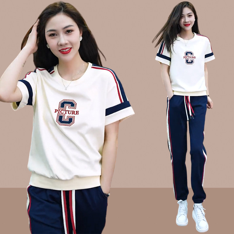爆款休闲运动服套装女士2024夏新款时尚洋气减龄两件套小个子短袖