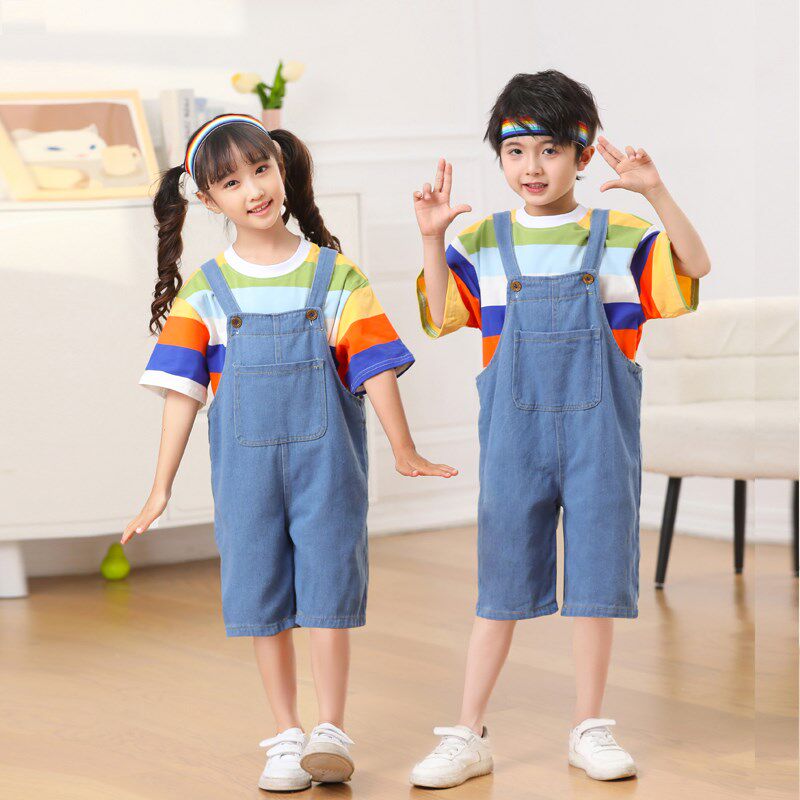 六一儿童演出服儿童彩条牛仔背带裤舞蹈服啦啦队幼儿园毕业照班服
