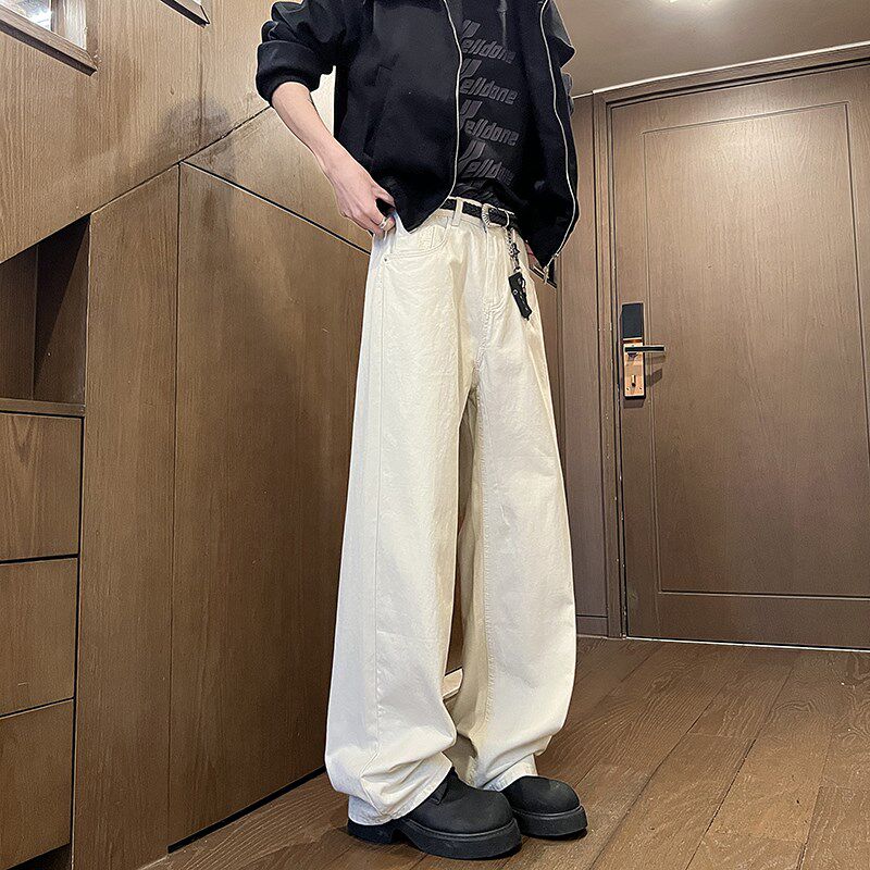 裤子男春季宽松直筒休闲长裤美式复古潮流米白色慵懒风拖地运动裤