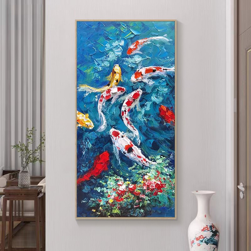 入户玄关聚财h九鱼图肌理挂画客厅年年有余手绘油画过道锦鲤装饰