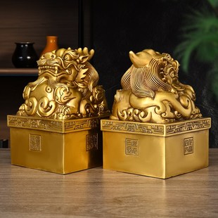 黄铜空心貔貅大印公貔铜印章合作共赢办公K室摆件家居中式装饰品