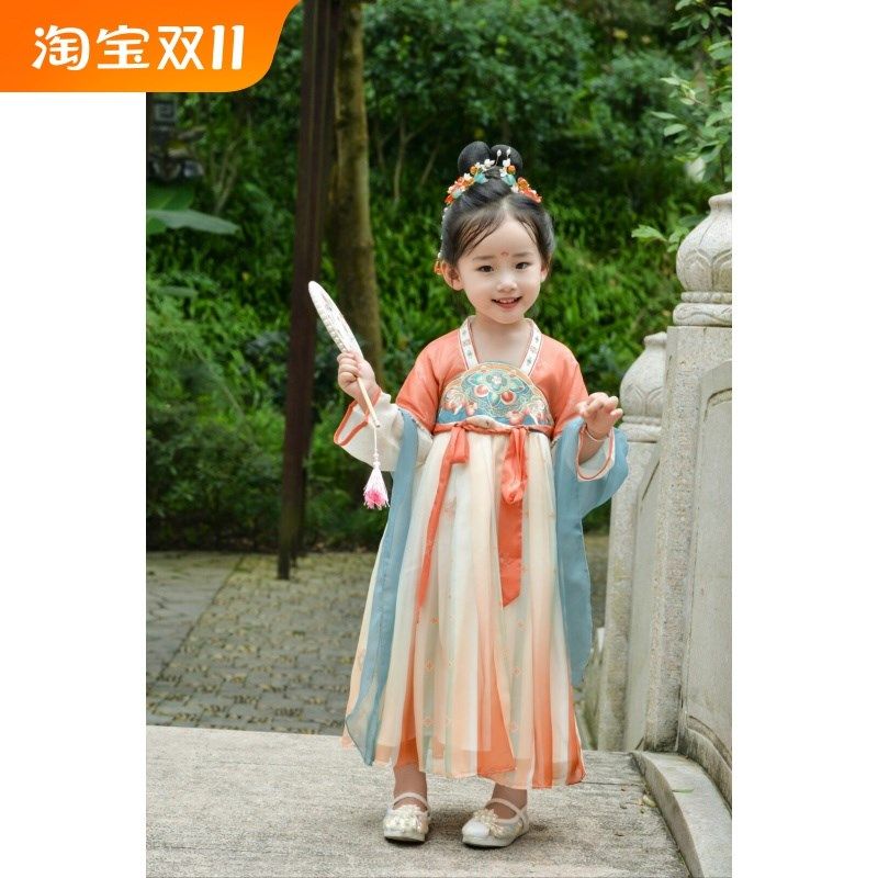 女童汉服半袖假两件橘色襦裙万针刺绣中秋女宝连衣裙国风高级新款
