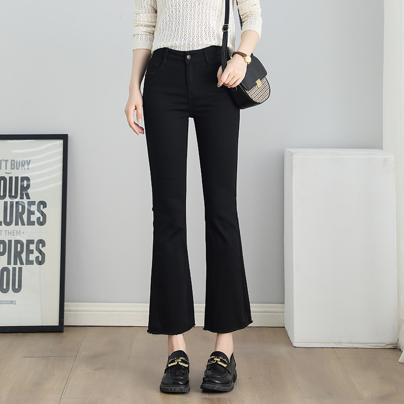 秋冬毛边黑色微喇牛仔裤女高腰春秋新款小个子九分喇叭长裤