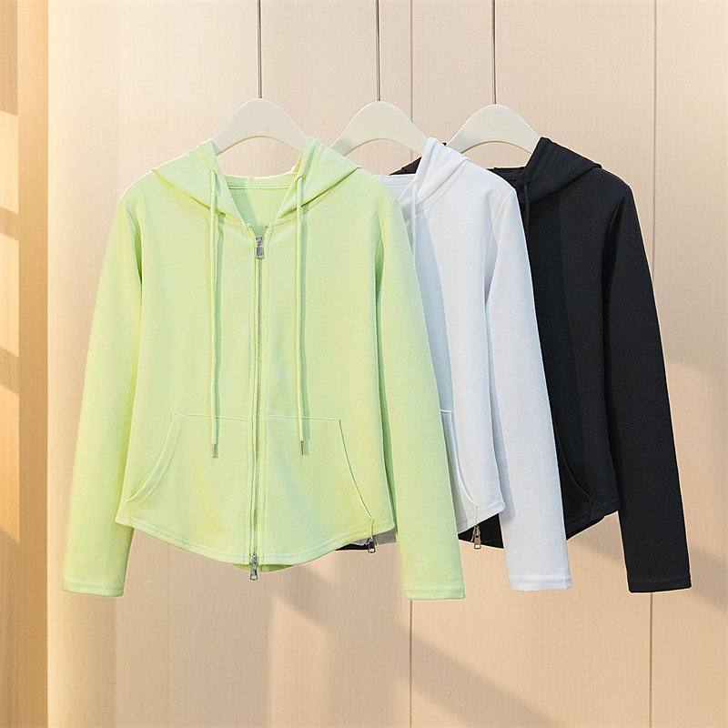 胖mm设计感收腰拉链长袖卫衣女2024春季新款大码连帽开衫遮肚外套