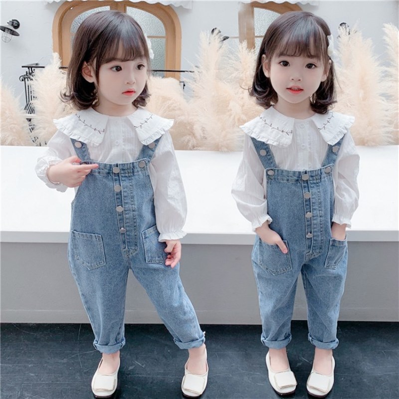 女童新款秋季套装1-4岁女宝宝洋气牛仔背带休闲衣服3儿童时髦两件