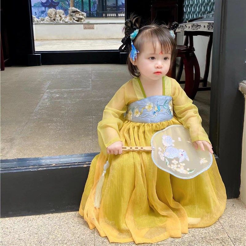 女童汉服裙夏季薄款可爱黄色软纱女宝宝国风端午节日常连衣裙小童