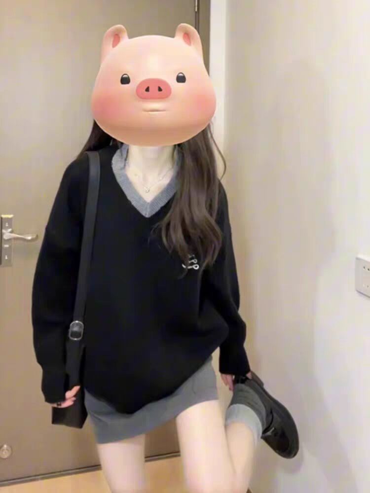 初秋装搭配一整套韩系小个子宽松V领慵懒学院风毛衣裙子两件套装