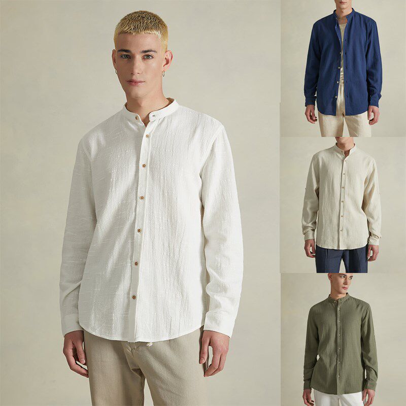 棉麻衬衫男士春夏季薄款商务休闲立领水洗做旧外穿亚麻长袖衬衣