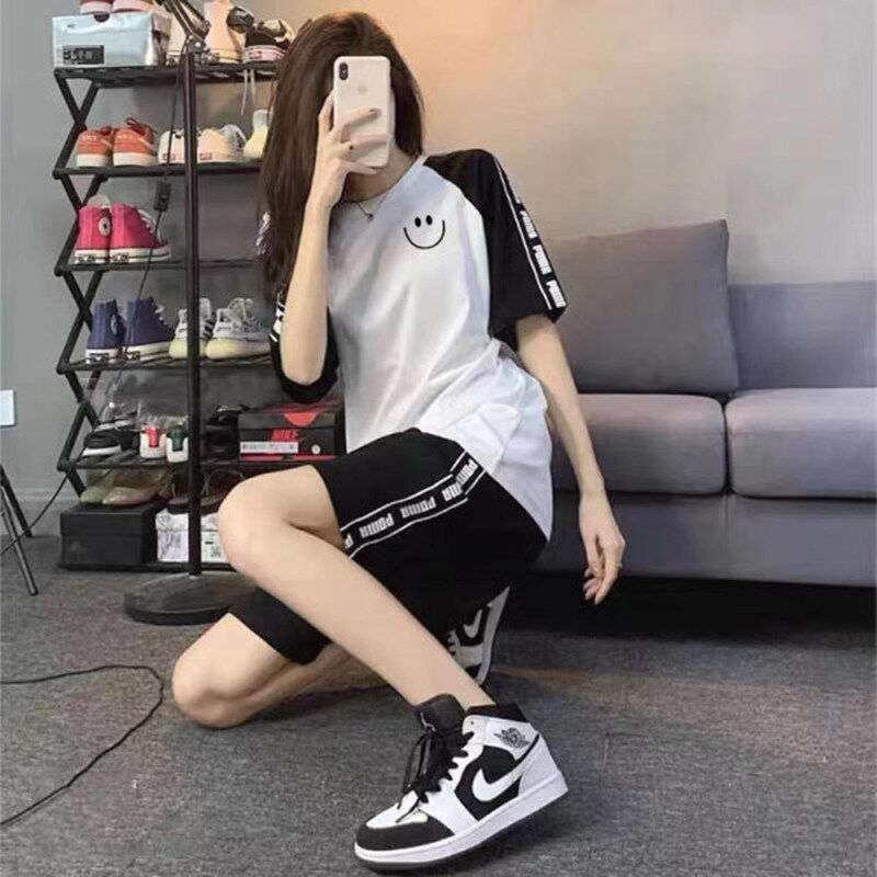 网红休闲运动套装女夏季纯棉v短袖短裤时尚学生韩版宽松跑步两件