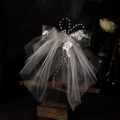 V666新款珍珠蕾丝小头纱 韩式超仙短款领证旅拍跟妆结婚新娘头纱