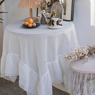 北欧简约分素雅桌布布艺白色高级感民宿双层荷叶边茶几床头柜台布