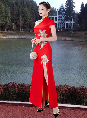 2021新款红色鱼尾长旗s袍时尚改良烫钻走秀演出宴会显瘦大尺码婚