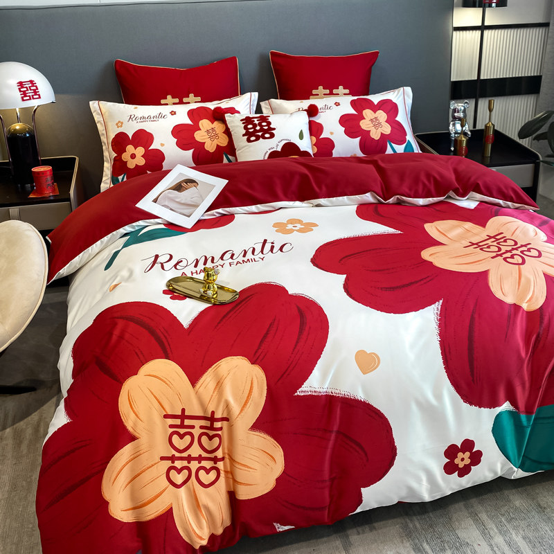 婚庆冰丝四件套红色被套床单亲肤棉被罩床L笠印花水洗棉婚床上用