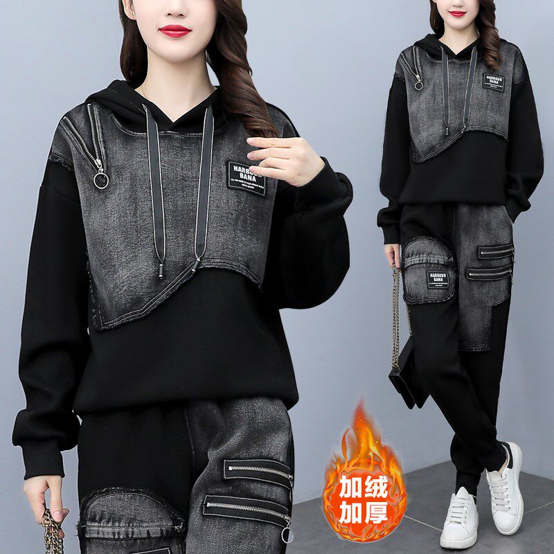 2024秋冬套装女加绒加厚卫衣牛仔拼接大码女装休闲运Y动显瘦两件