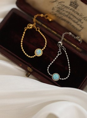 天然欧泊石显白蓝色金银双色抽拉链条戒指可调节轻奢气质大方链条