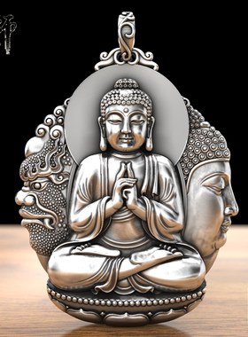 999纯银一念佛魔阿弥陀复古守护神本命佛生肖属猪狗项链男守护神