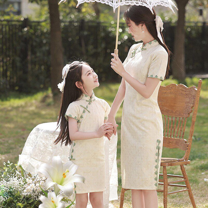 亲子装母子2023夏季新款改良旗袍母女夏装洋气复合蕾丝旗袍连衣裙