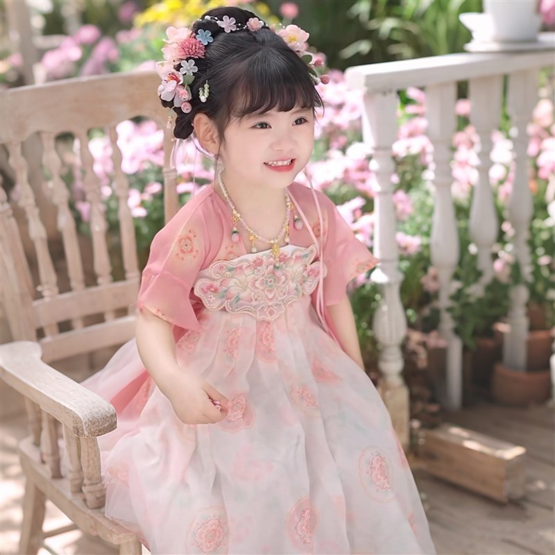 女童汉服2025夏季新款女孩粉色国风公主超仙连衣裙儿童古风表演服