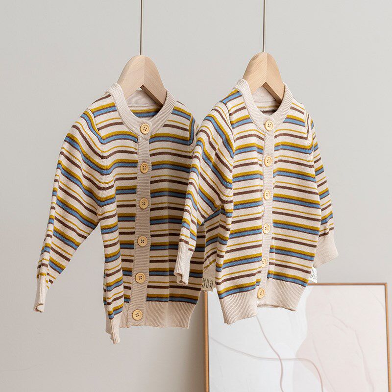 拉波米冬季男女童针织开衫外套a类宝宝春秋条纹休闲加厚打底毛衣