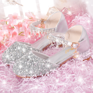 公主鞋 女童软底儿童银色亮闪闪礼服女孩模N特走秀比赛水晶高跟鞋