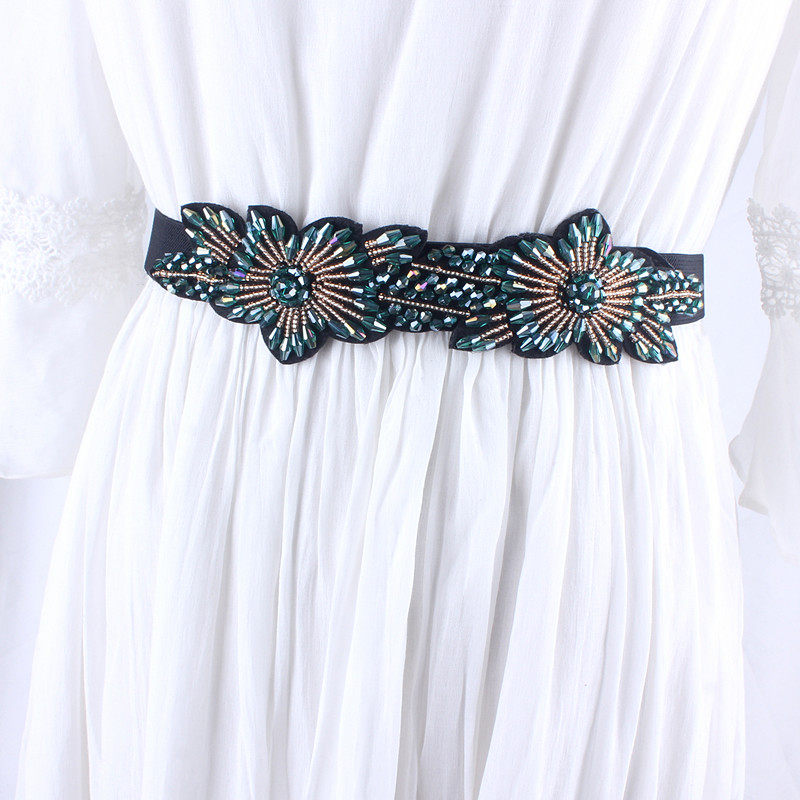 文艺范黑色腰带女装饰配裙v子松紧腰封连衣裙配饰百搭皮带水钻镶