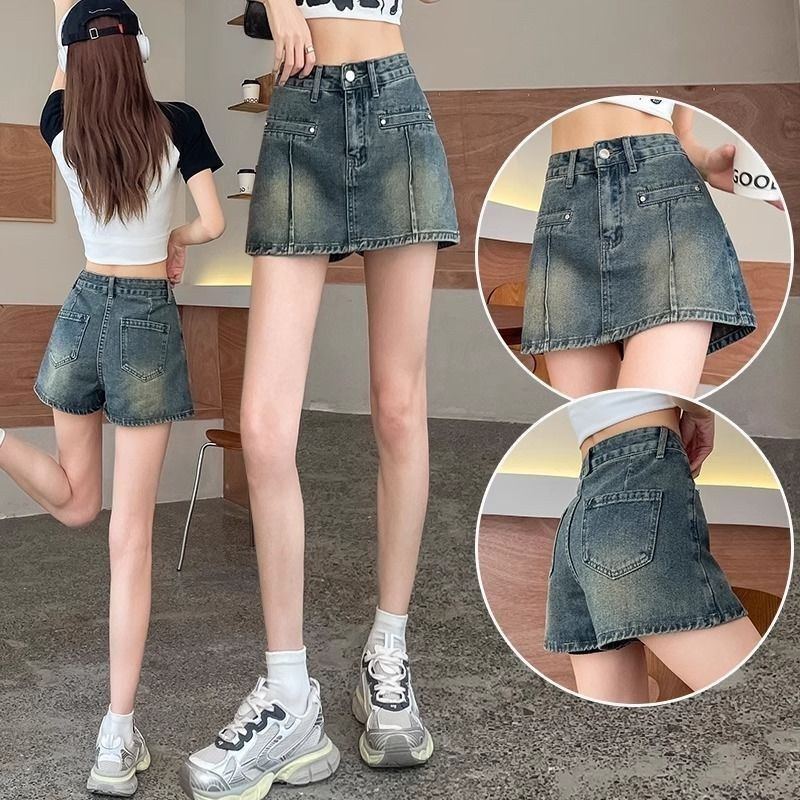 女大童装牛仔f裤裙夏季短裤初高中学生新款高腰a字短裙假两件裙裤