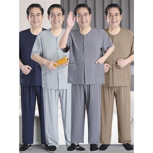 中老年棉绸男士开 衫爷爷居家服套装唐装短袖长裤睡衣休U闲