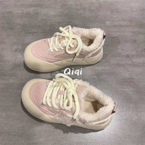 七七主人家 冬季新款圆头面包鞋保暖加绒棉鞋加厚增高粉色板鞋女