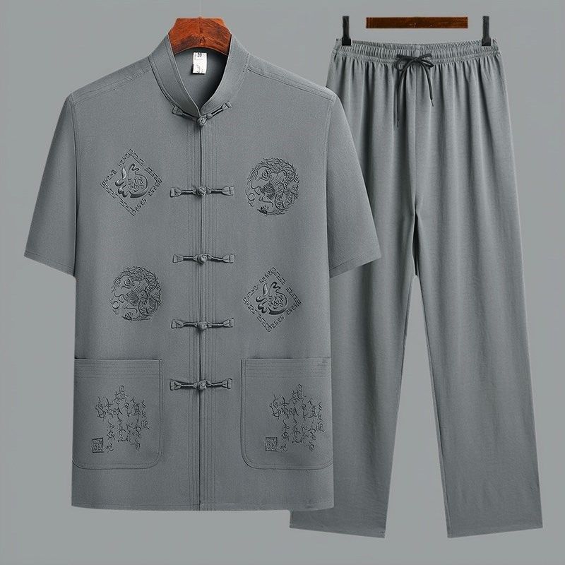 中老年冰丝短袖衬衫套装夏季新中式国风宽松唐装男爸Y爸老人衬衣