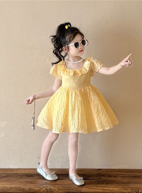 女童黄色荷d叶边领连衣裙2025夏季韩版新款女孩甜美刺绣公主裙礼