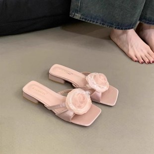 法式 外穿新款 温柔仙女晚风度Z假粗跟凉 女夏季 粉色花朵配裙子拖鞋