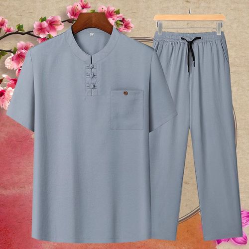 中老年人唐装男短袖套装夏季爷爷短袖T恤中国风S爸爸夏装老人衣服