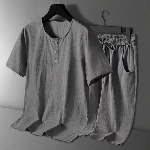 男夏季套装唐装中老年人夏装男装中国风棉N麻短袖短裤汉服复古装