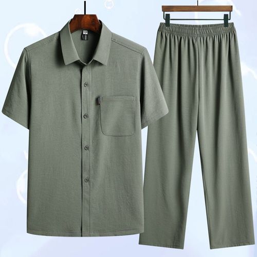 中老年棉麻短袖衬衫男夏季爸爸套A装夏装爷爷衣服夏天老人男士衬