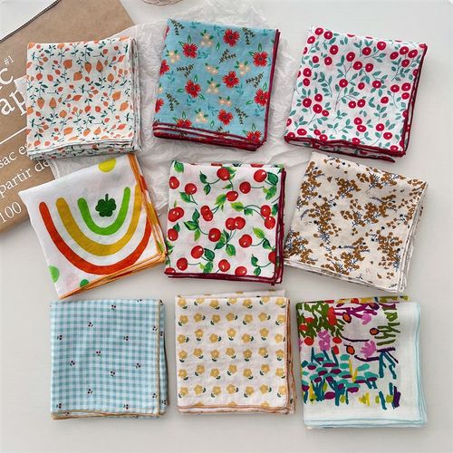 日系复古百搭碎花l方巾春夏季文艺小清新棉质小领巾女薄款装饰丝