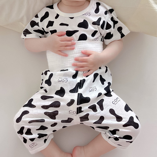 薄款 高腰护肚儿童睡衣无骨短袖 男童空调 宝宝纯c棉家居服套装 夏季