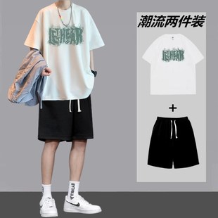 t潮搭港风宽松帅气两件套学生男五分运动短裤 男短袖 休闲套d装 夏季