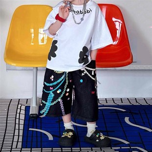 高V街宽松阔腿短裤 夏季 美式 彩色链条印花7分牛仔裤 韩国男女童个性